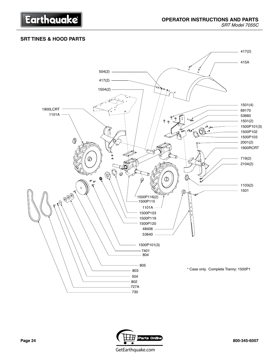 Operator instructions and parts, Srt tines & hood parts | EarthQuake 7055C User Manual | Page 24 / 28