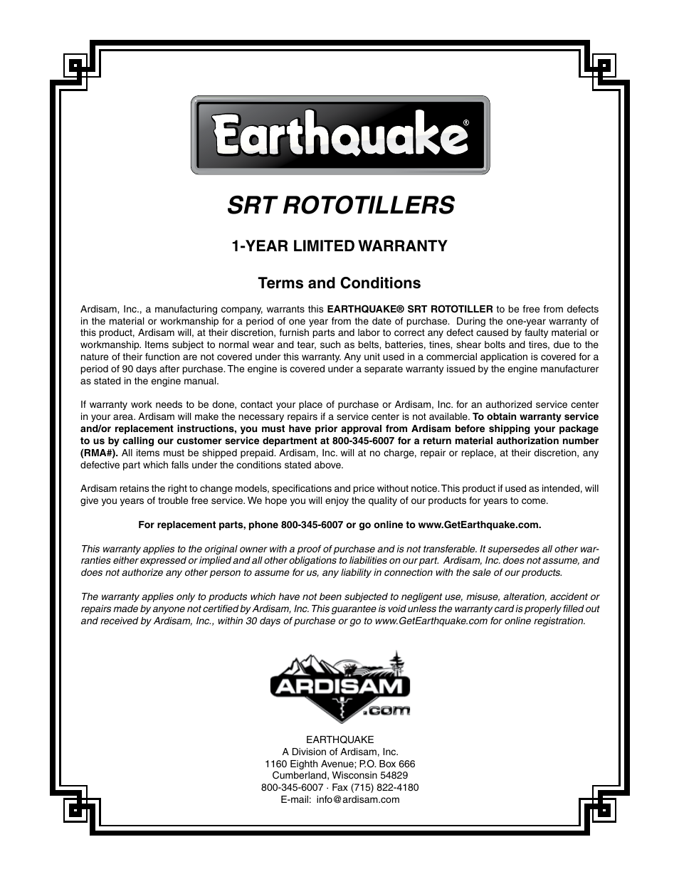 Srt rototillers, Year limited warranty terms and conditions | EarthQuake 7055C User Manual | Page 27 / 28