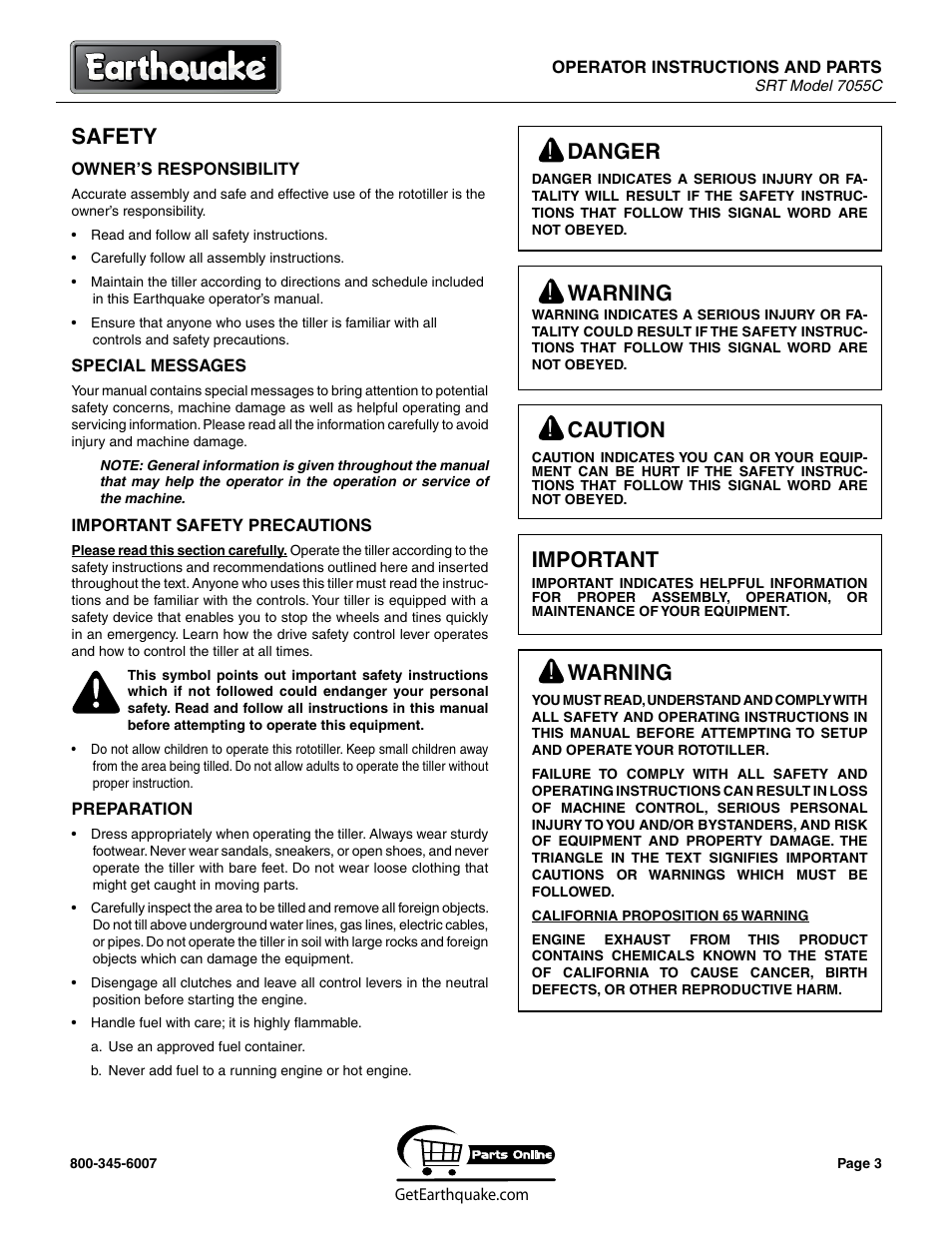 Safety, Caution, Important | Warning, Danger | EarthQuake 7055C User Manual | Page 3 / 28