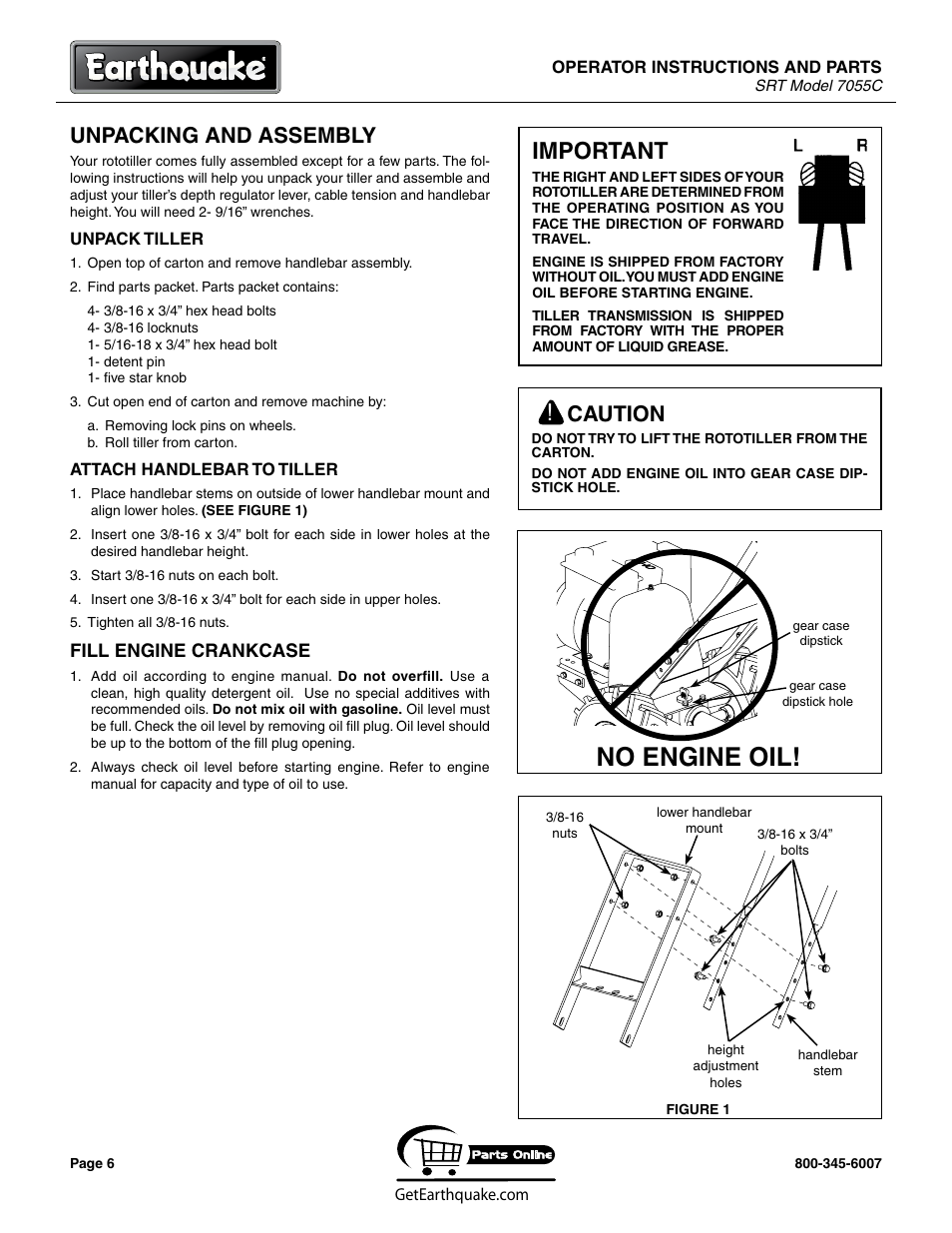 No engine oil, Important, Unpacking and assembly | Caution | EarthQuake 7055C User Manual | Page 6 / 28