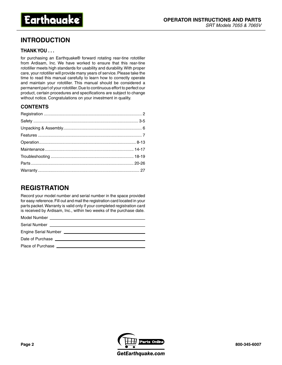 Introduction, Registration | EarthQuake 7065V User Manual | Page 2 / 28