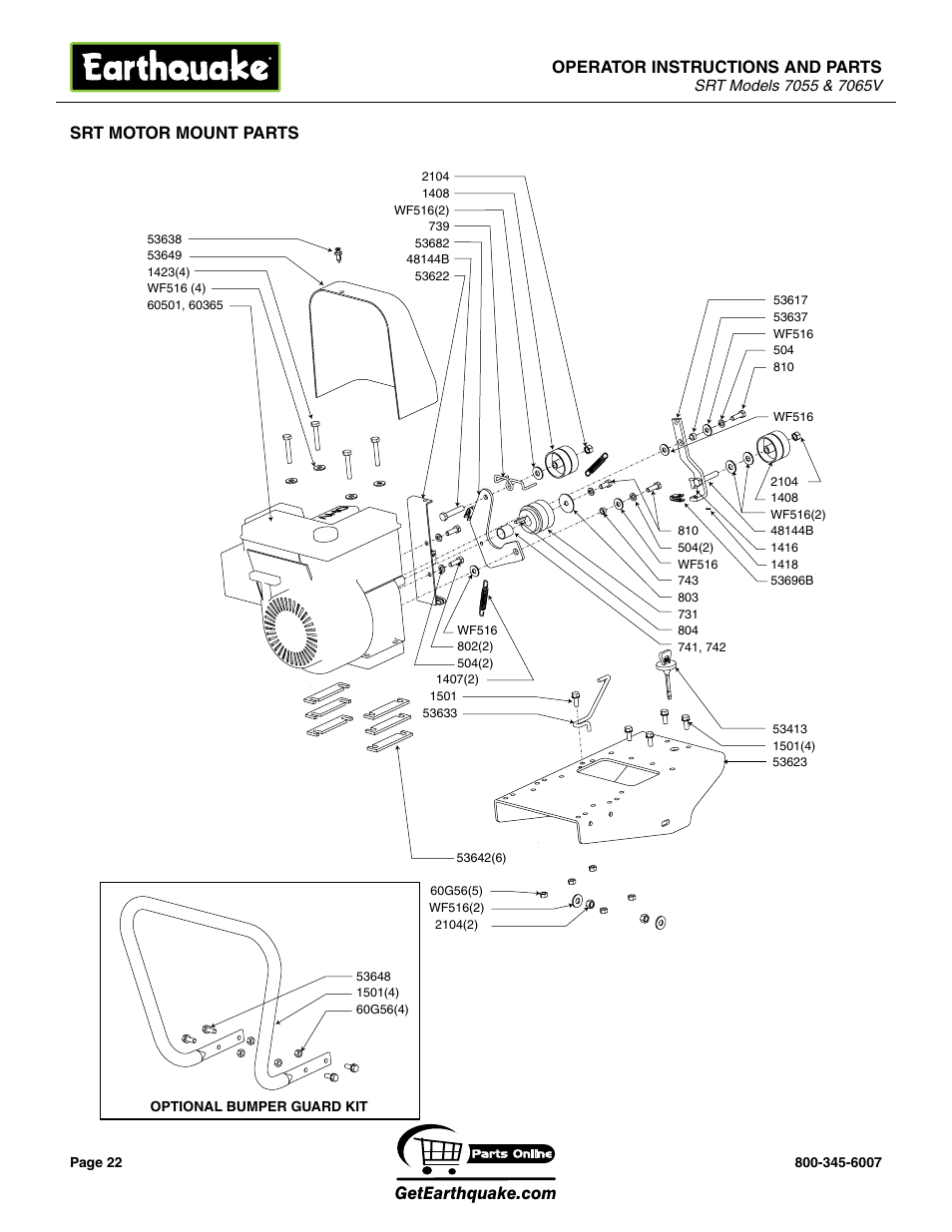 Operator instructions and parts, Srt motor mount parts | EarthQuake 7065V User Manual | Page 22 / 28