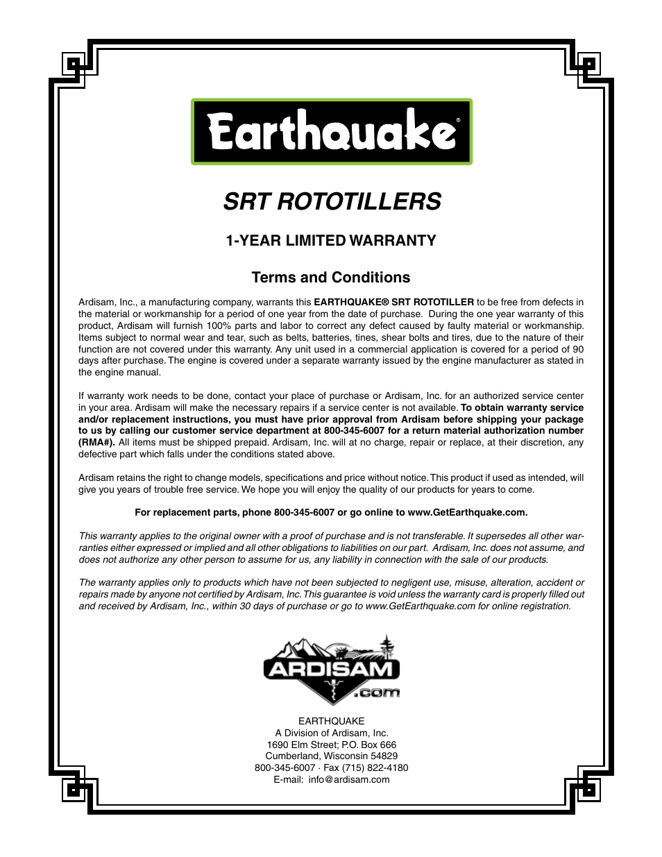 Srt rototillers, Year limited warranty terms and conditions | EarthQuake 7065V User Manual | Page 27 / 28