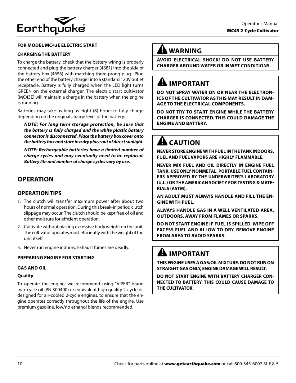 Warning, Caution, Important | Operation | EarthQuake MC43E User Manual | Page 10 / 32