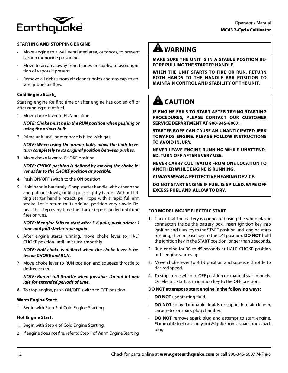 Caution, Warning | EarthQuake MC43E User Manual | Page 12 / 32