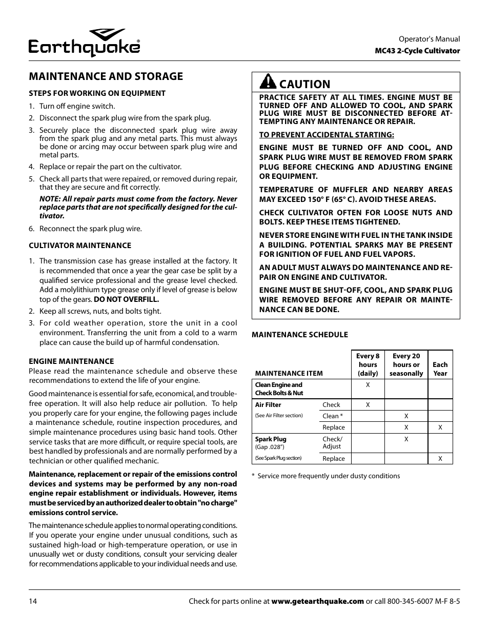 Caution, Maintenance and storage | EarthQuake MC43E User Manual | Page 14 / 32