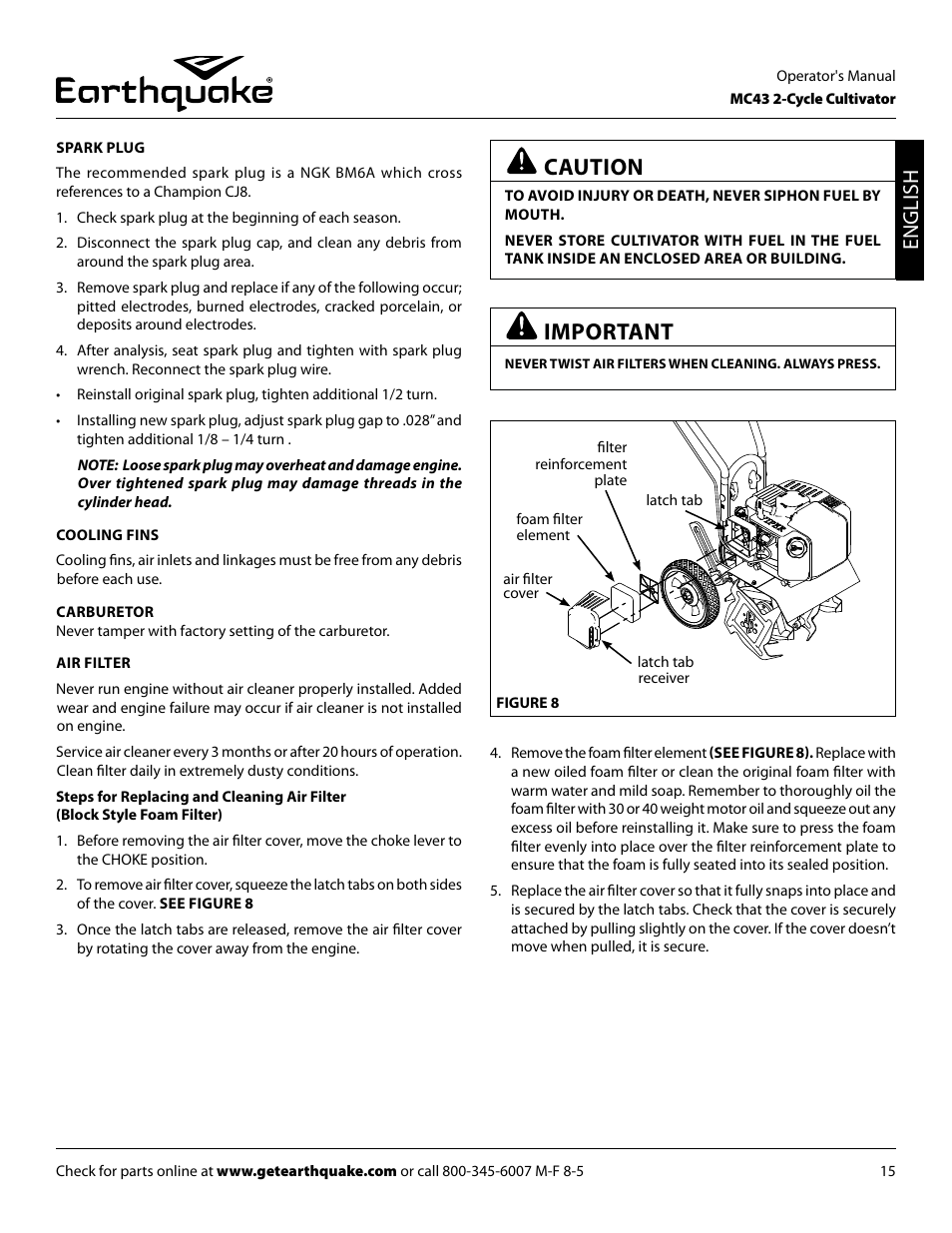 Important, Caution, English | EarthQuake MC43E User Manual | Page 15 / 32