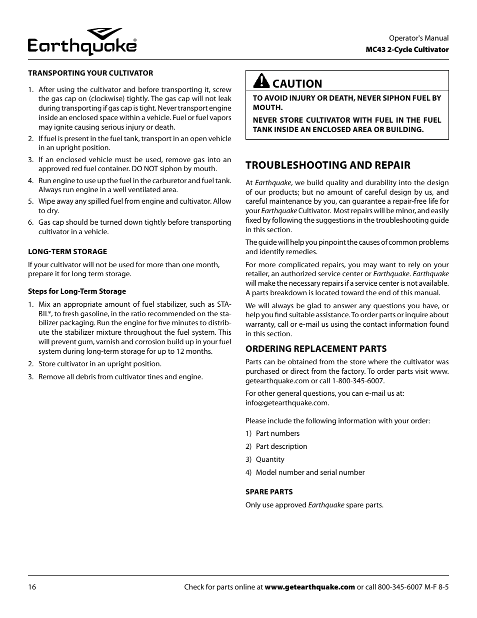 Caution, Troubleshooting and repair | EarthQuake MC43E User Manual | Page 16 / 32