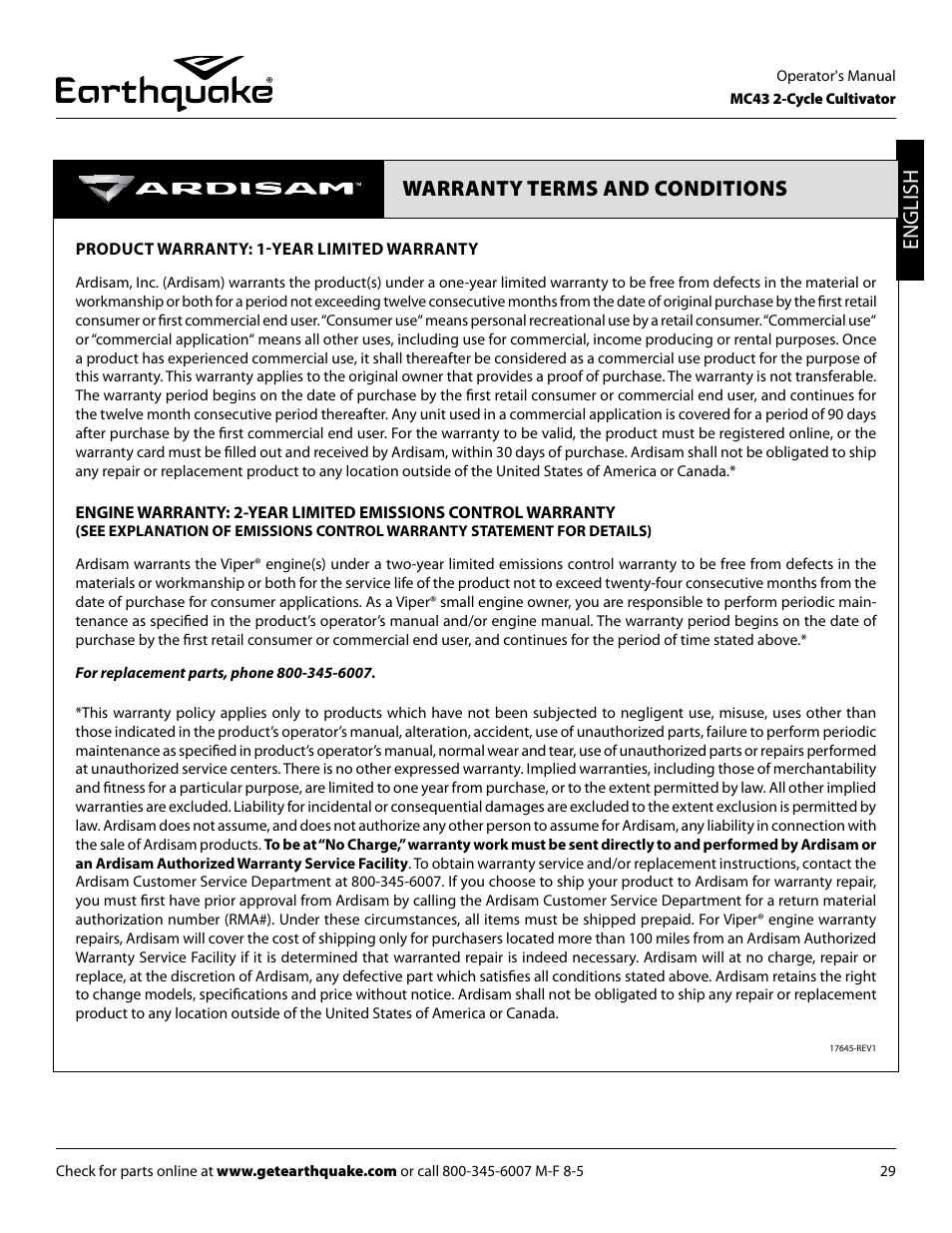 English warranty terms and conditions | EarthQuake MC43E User Manual | Page 29 / 32