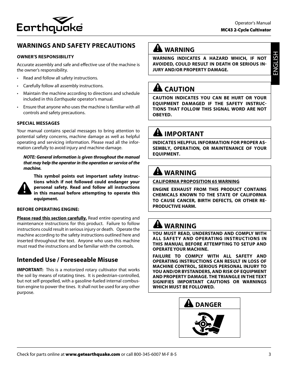 Caution, Important, English warnings and safety precautions | Warning, Intended use / foreseeable misuse, Danger | EarthQuake MC43E User Manual | Page 3 / 32