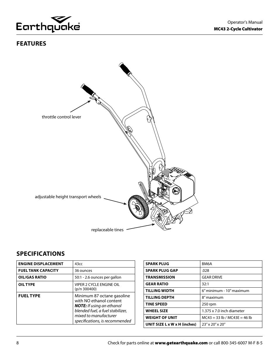 Specifications features | EarthQuake MC43E User Manual | Page 8 / 32