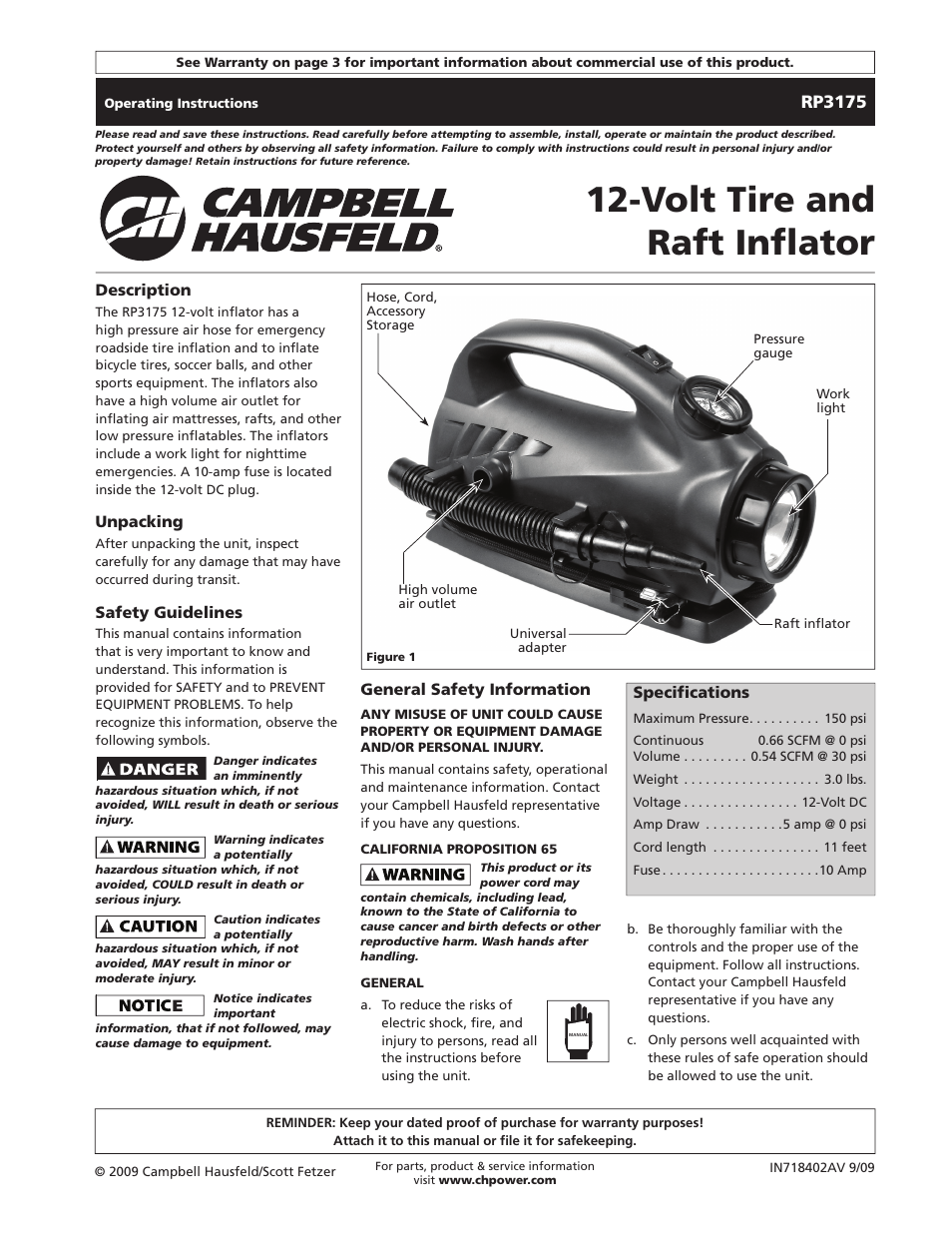 Campbell Hausfeld RP3175 User Manual | 12 pages