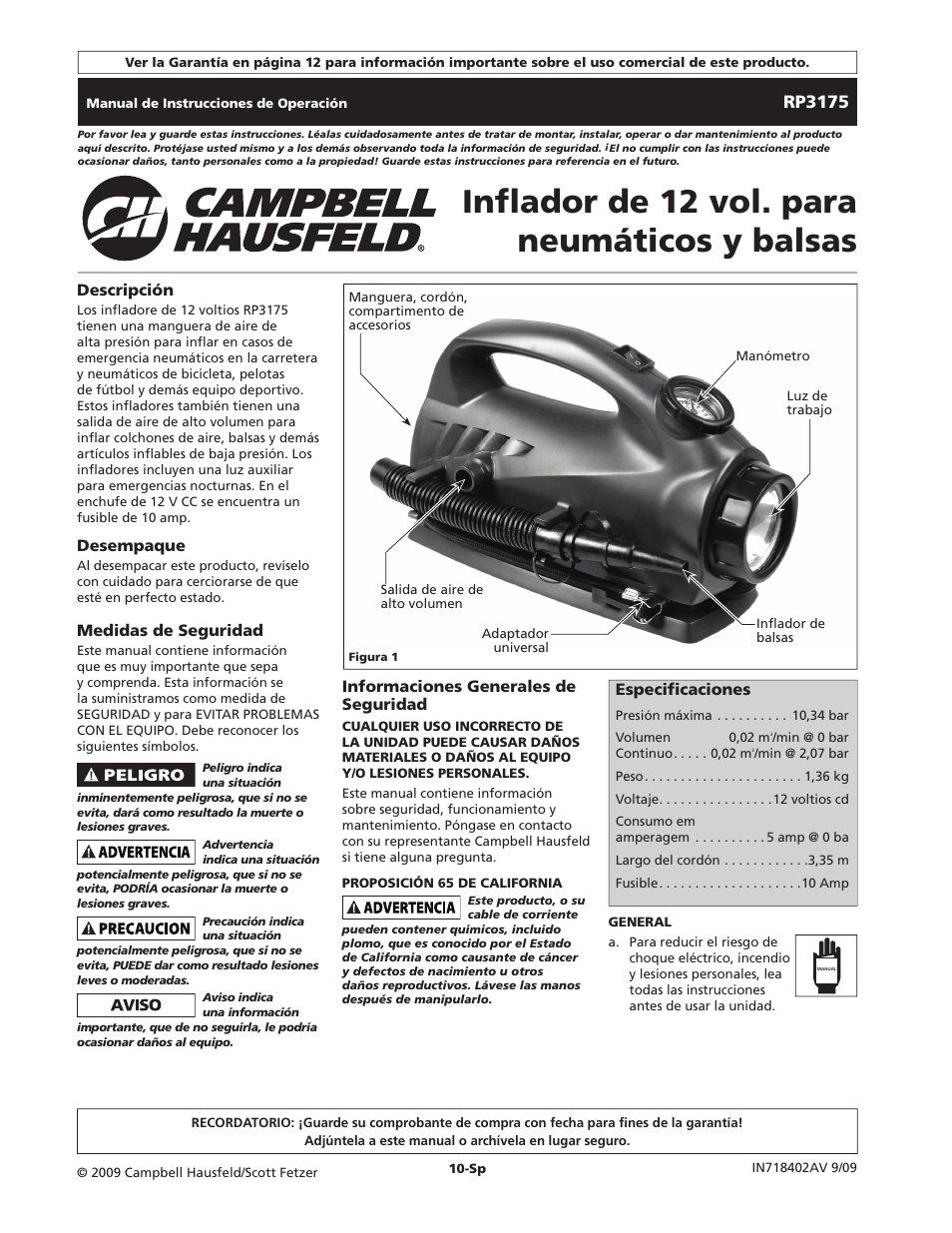 Inflador de 12 vol. para neumáticos y balsas, Rp3175 | Campbell Hausfeld RP3175 User Manual | Page 10 / 12