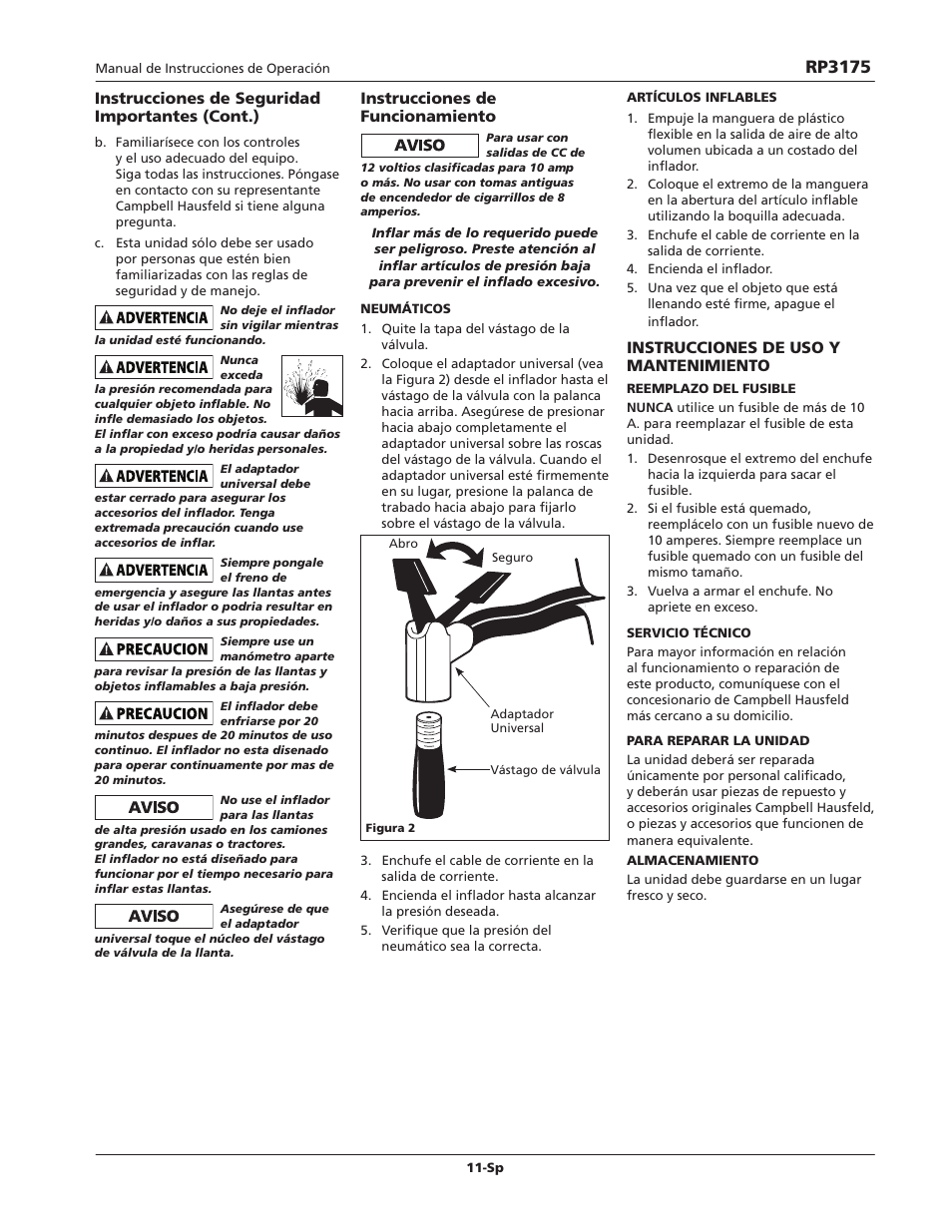 Rp3175, Instrucciones de funcionamiento, Instrucciones de uso y mantenimiento | Instrucciones de seguridad importantes (cont.) | Campbell Hausfeld RP3175 User Manual | Page 11 / 12