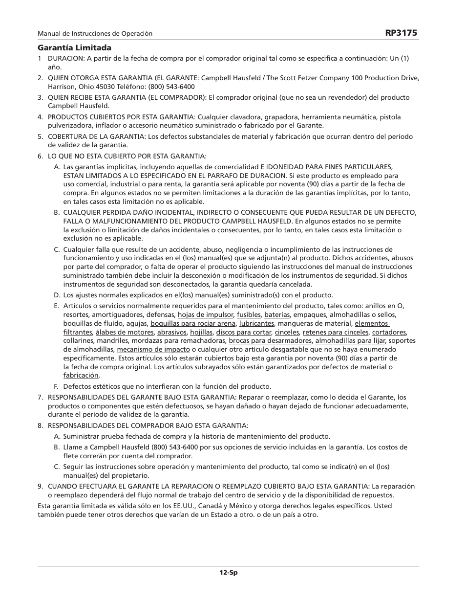 Campbell Hausfeld RP3175 User Manual | Page 12 / 12