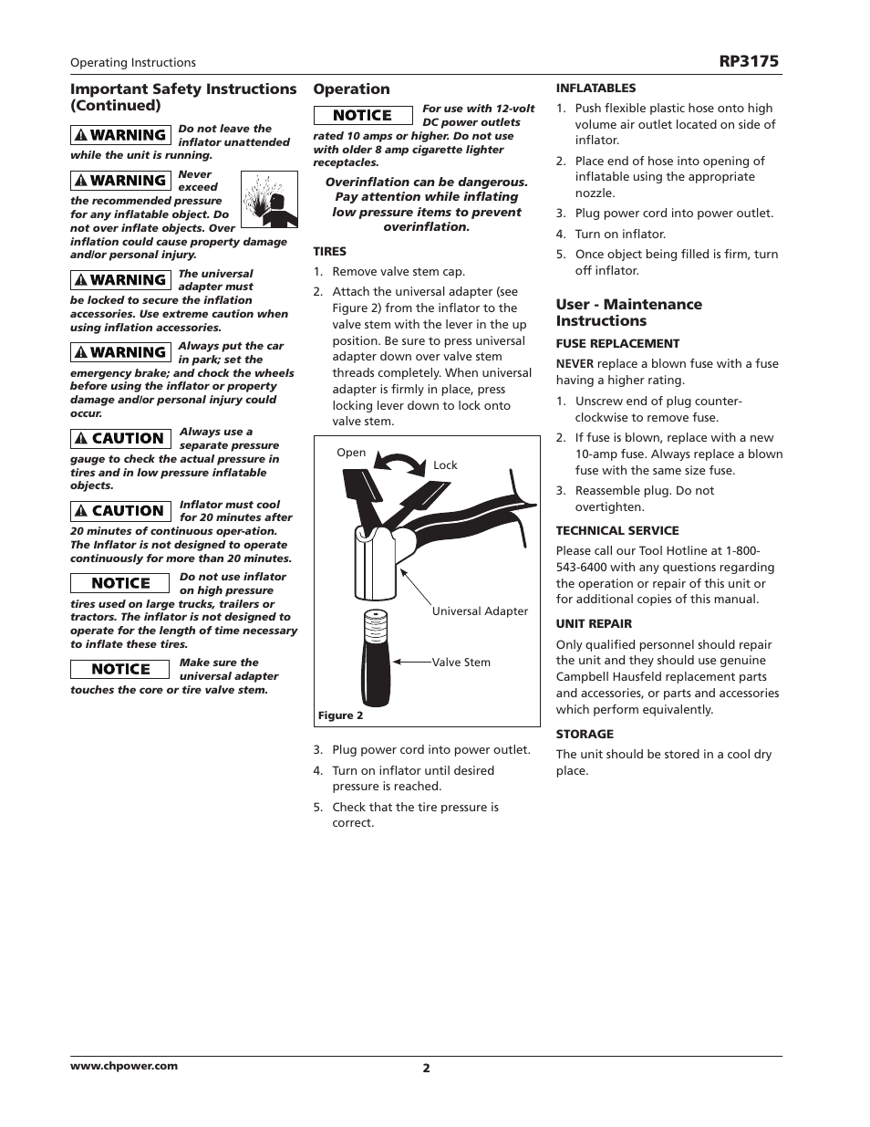 Rp3175, Operation, User - maintenance instructions | Important safety instructions (continued) | Campbell Hausfeld RP3175 User Manual | Page 2 / 12