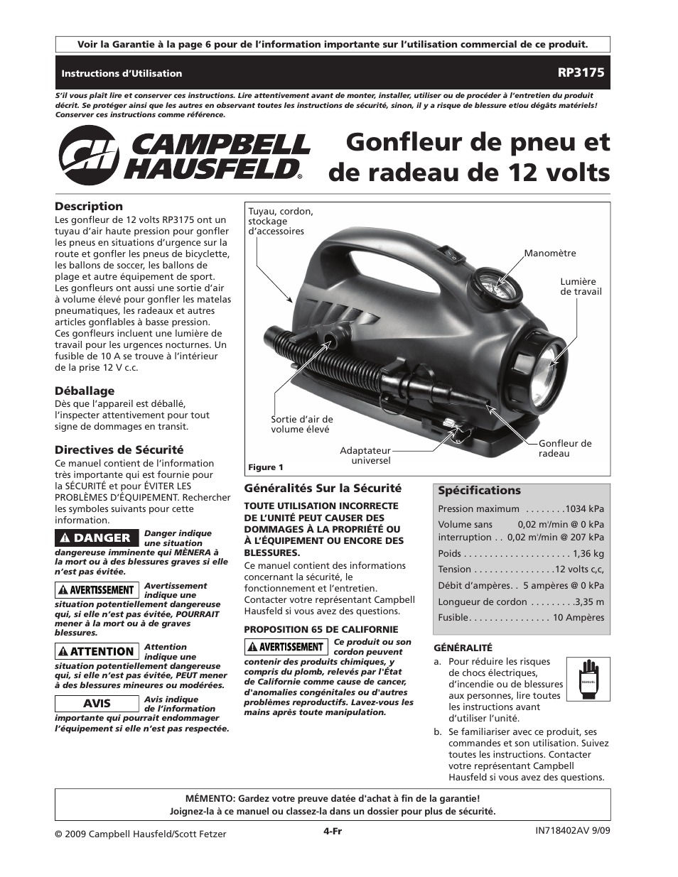 Gonfleur de pneu et de radeau de 12 volts, Rp3175 | Campbell Hausfeld RP3175 User Manual | Page 4 / 12