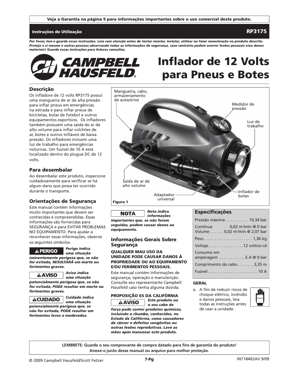 Inflador de 12 volts para pneus e botes, Rp3175 | Campbell Hausfeld RP3175 User Manual | Page 7 / 12