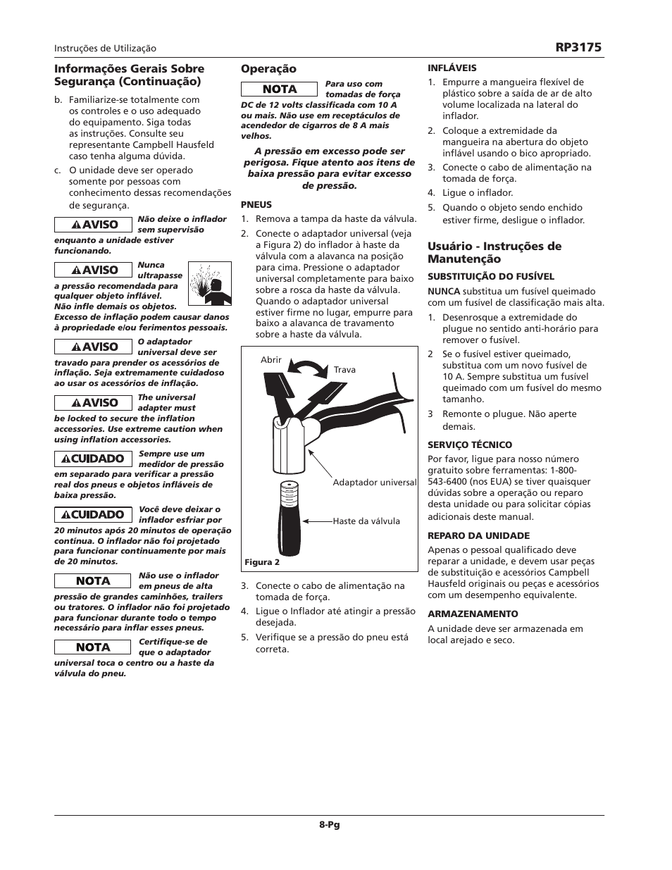 Rp3175, Operação, Usuário - instruções de manutenção | Informações gerais sobre segurança (continuação) | Campbell Hausfeld RP3175 User Manual | Page 8 / 12