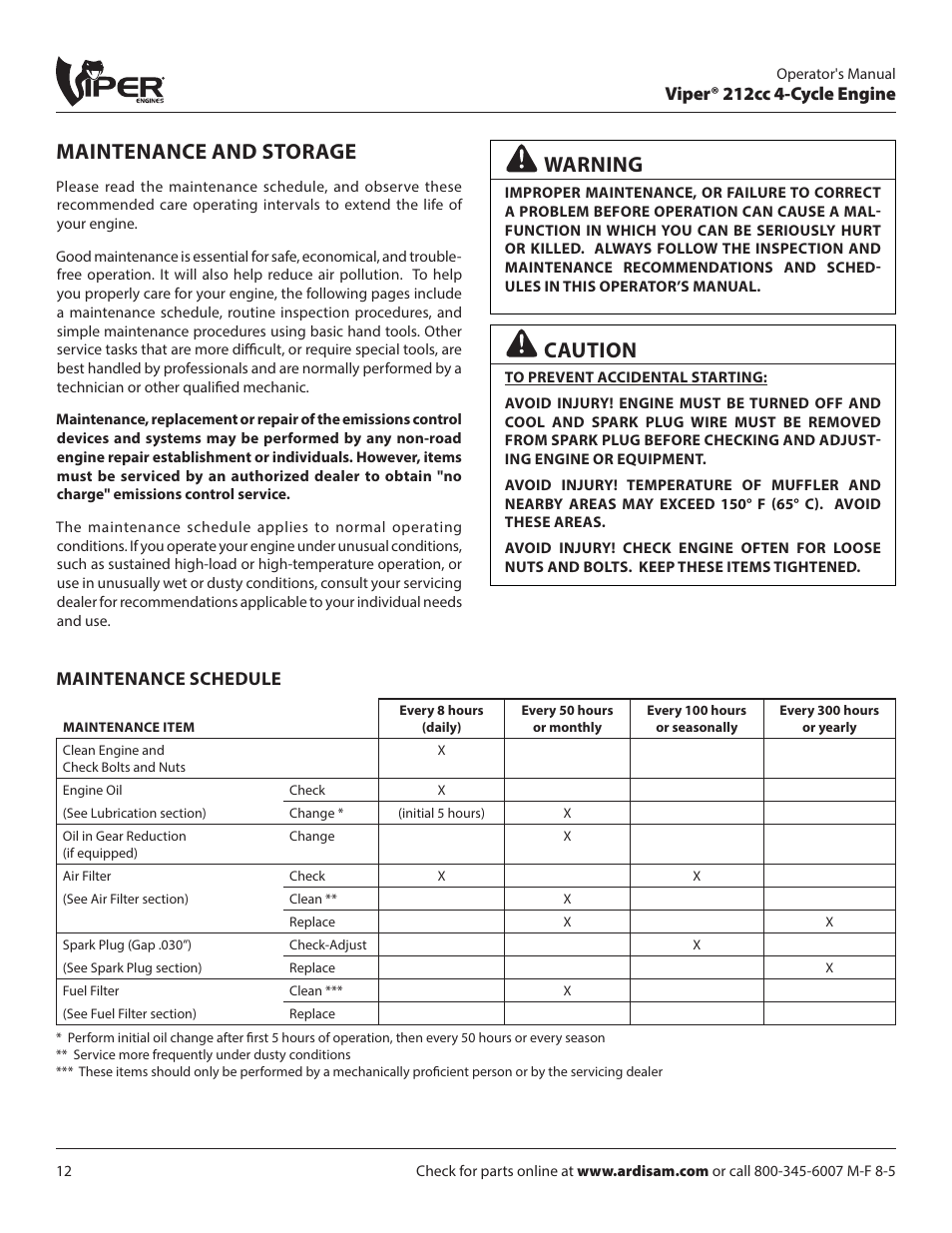 Maintenance and storage, Caution, Warning | EarthQuake W1265V User Manual | Page 12 / 24