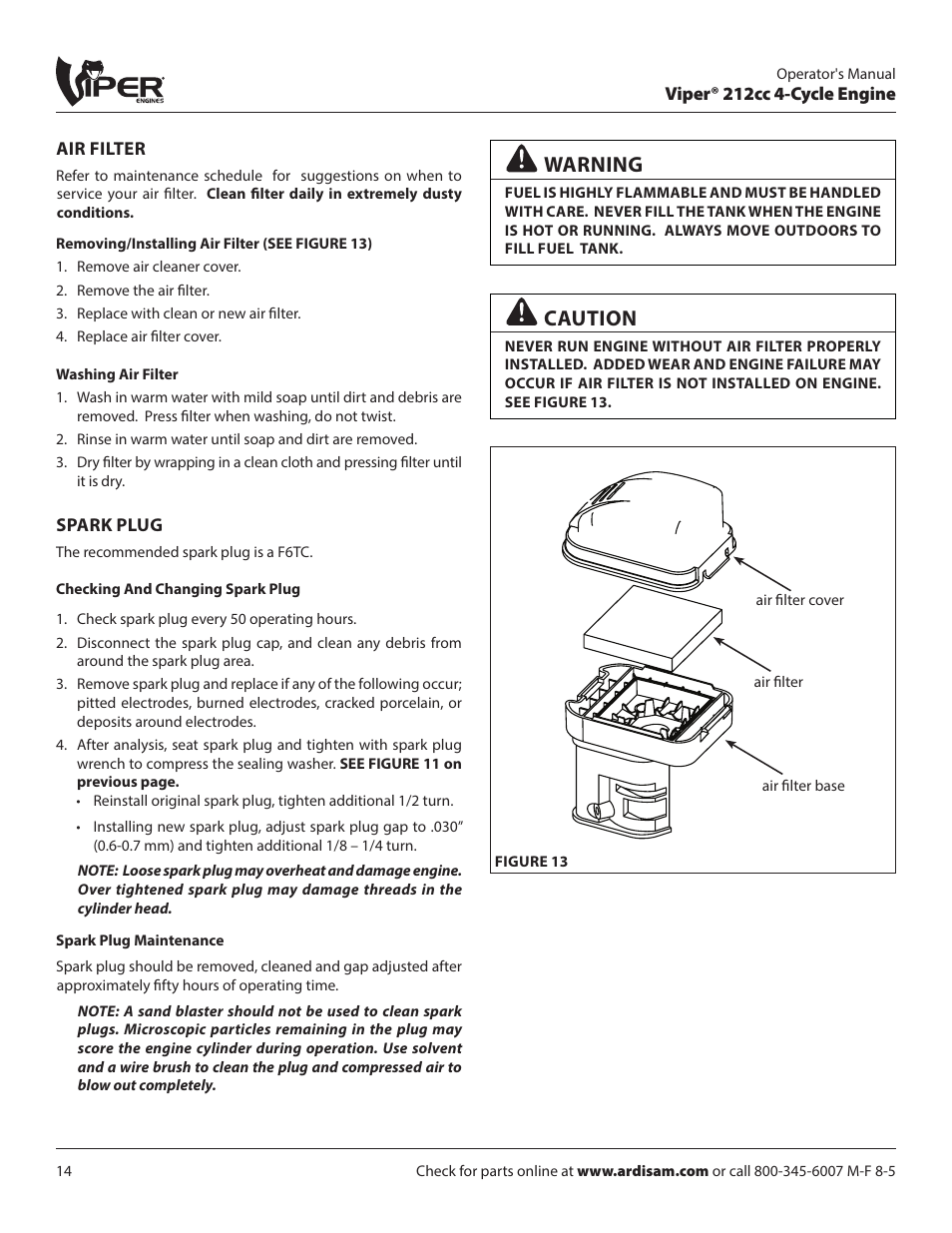 Warning, Caution, Viper® 212cc 4-cycle engine | Air filter, Spark plug, Kit air cleaner repl 212cc rato | EarthQuake W1265V User Manual | Page 14 / 24