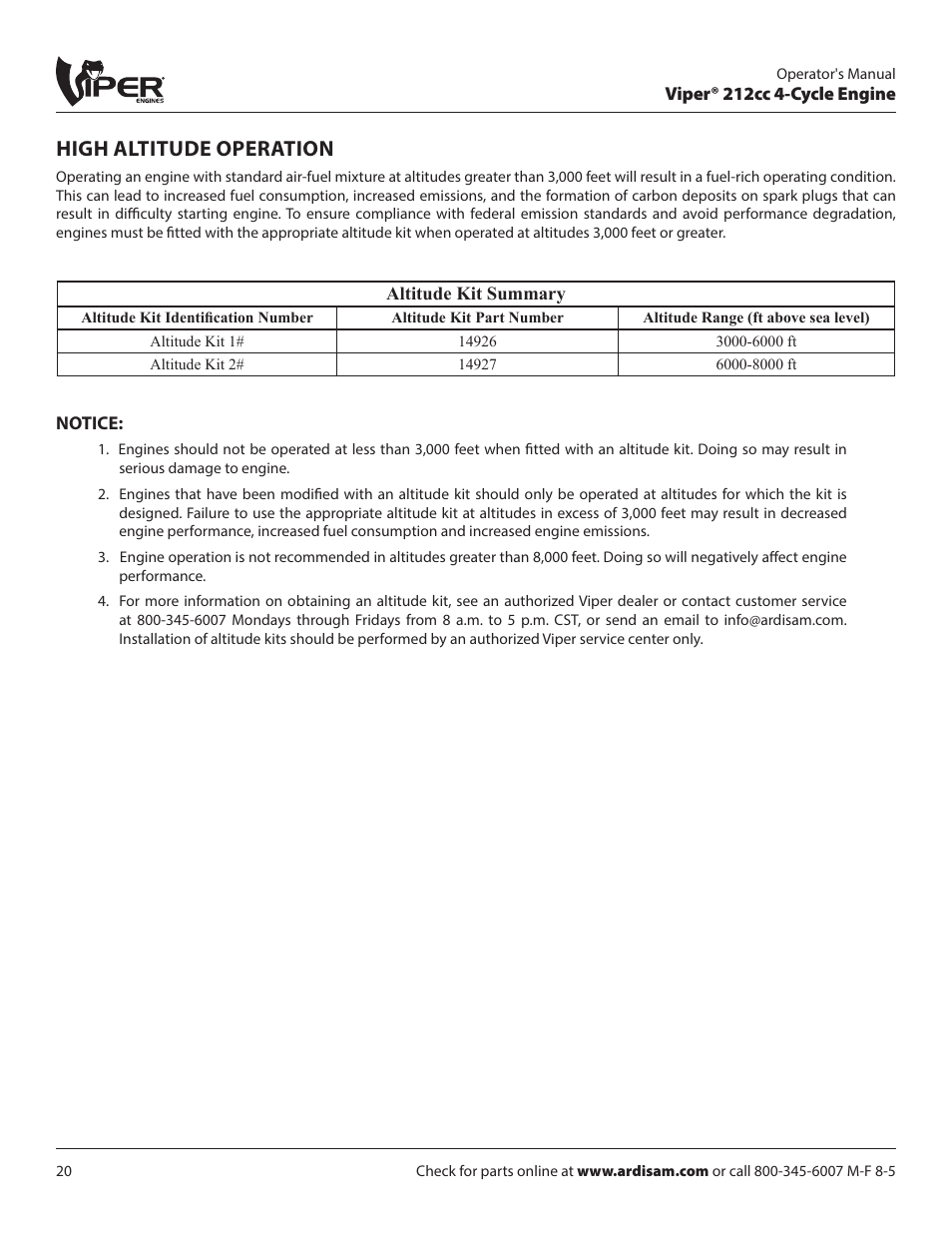 High altitude operation | EarthQuake W1265V User Manual | Page 20 / 24