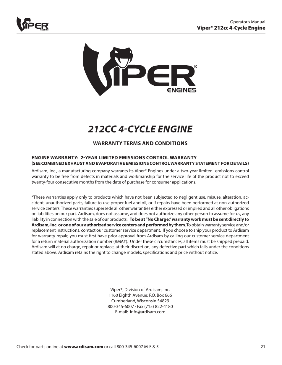 212cc 4-cycle engine | EarthQuake W1265V User Manual | Page 21 / 24
