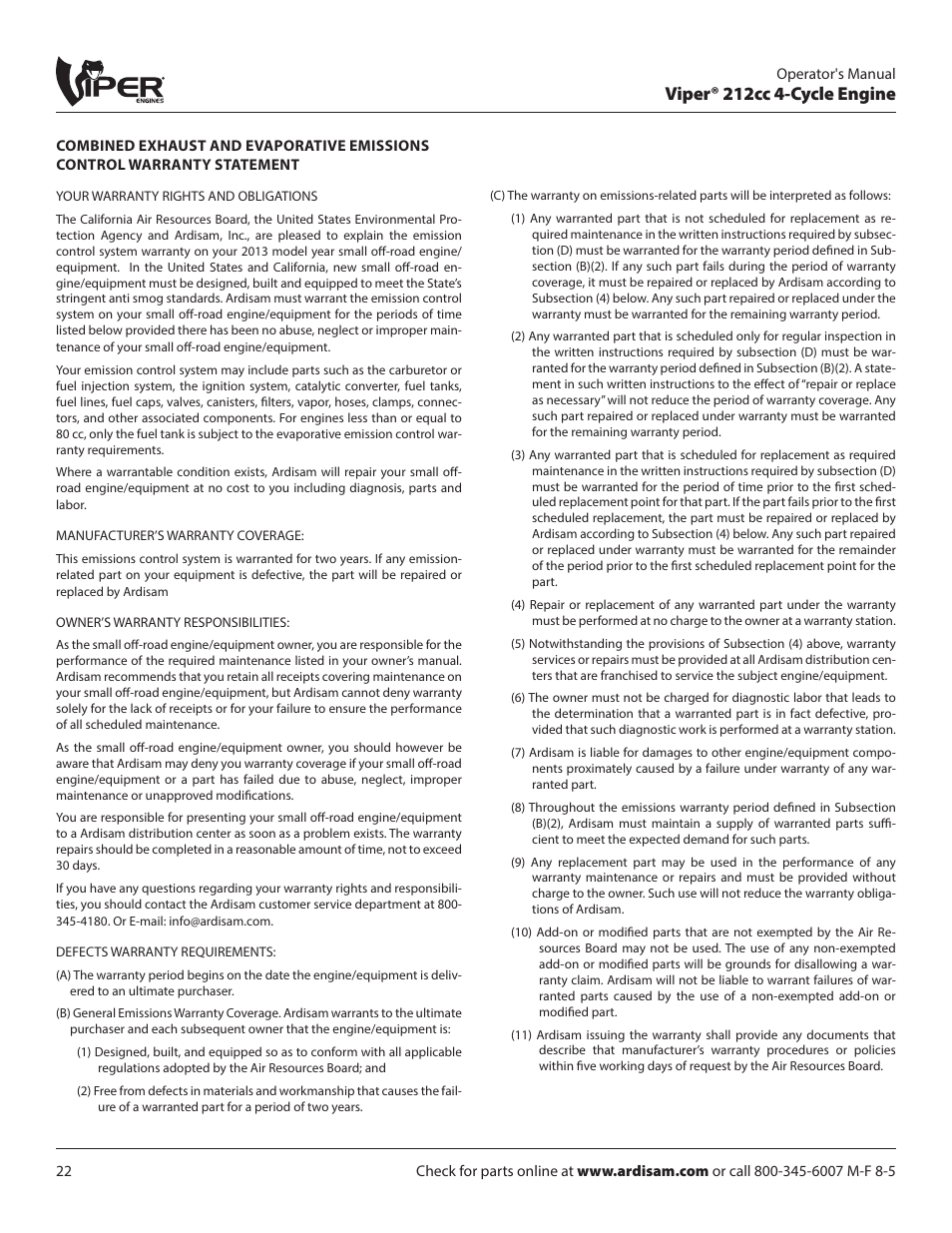 Viper® 212cc 4-cycle engine | EarthQuake W1265V User Manual | Page 22 / 24