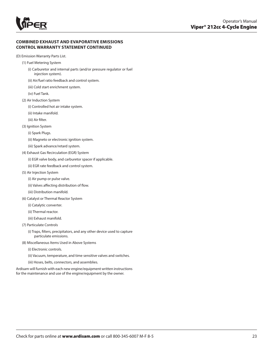 Viper® 212cc 4-cycle engine | EarthQuake W1265V User Manual | Page 23 / 24