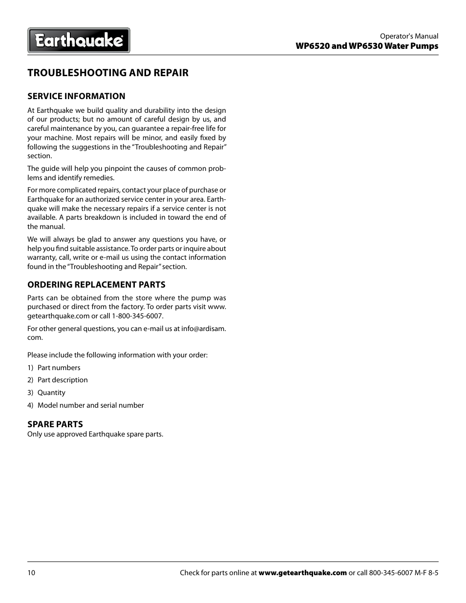 Troubleshooting and repair | EarthQuake WP6530 User Manual | Page 10 / 16