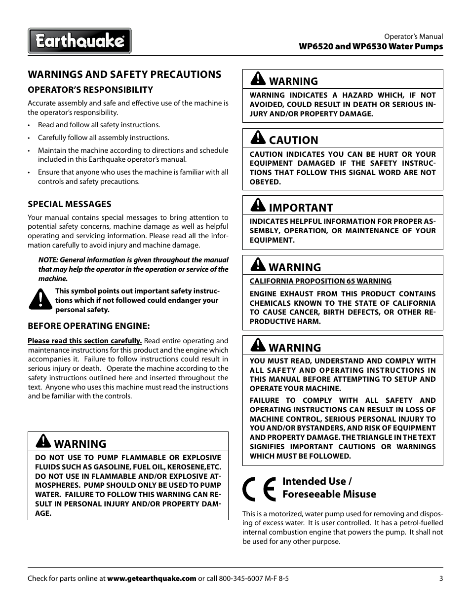 Caution, Important, Intended use / foreseeable misuse | Warnings and safety precautions, Warning | EarthQuake WP6530 User Manual | Page 3 / 16
