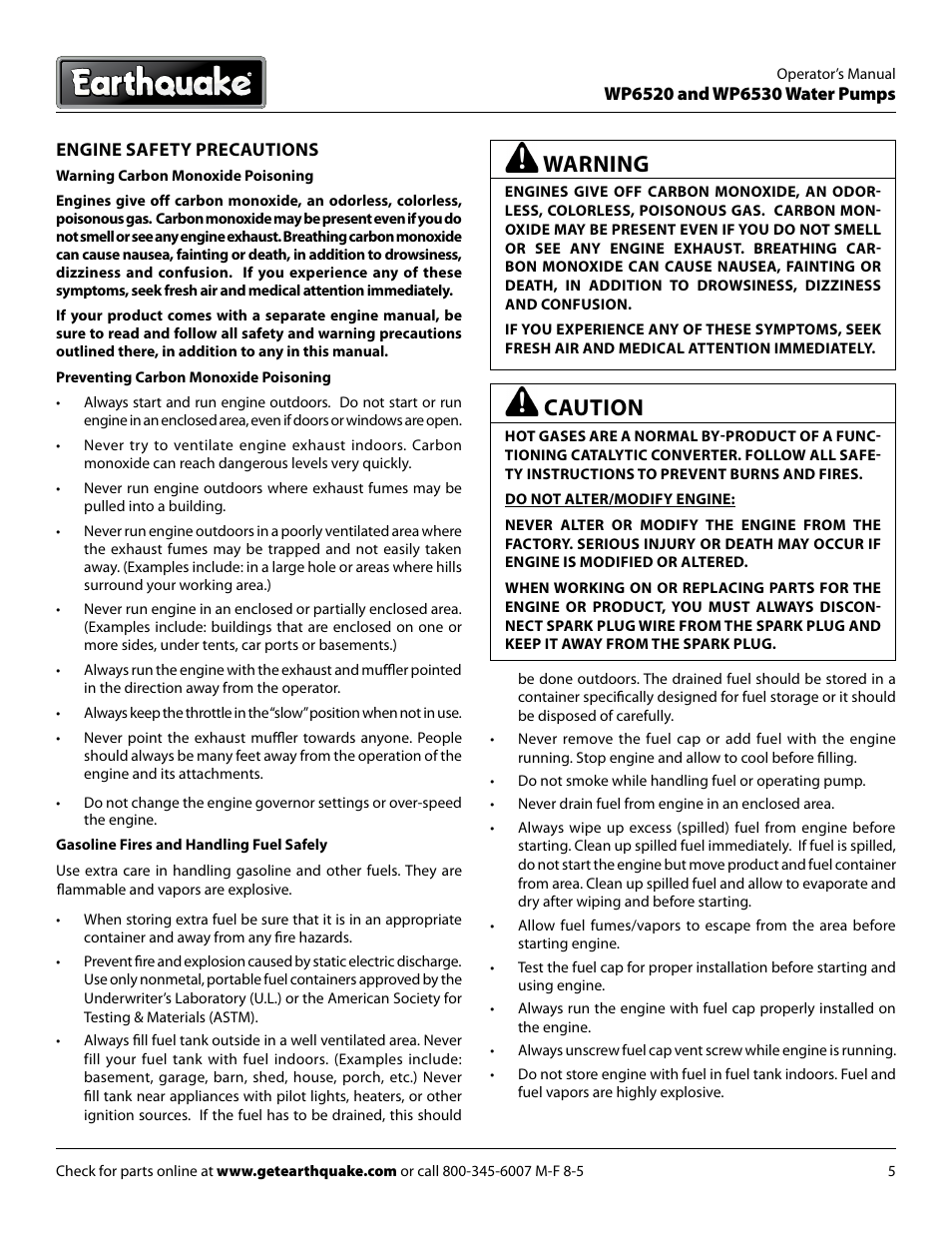 Caution, Warning | EarthQuake WP6530 User Manual | Page 5 / 16