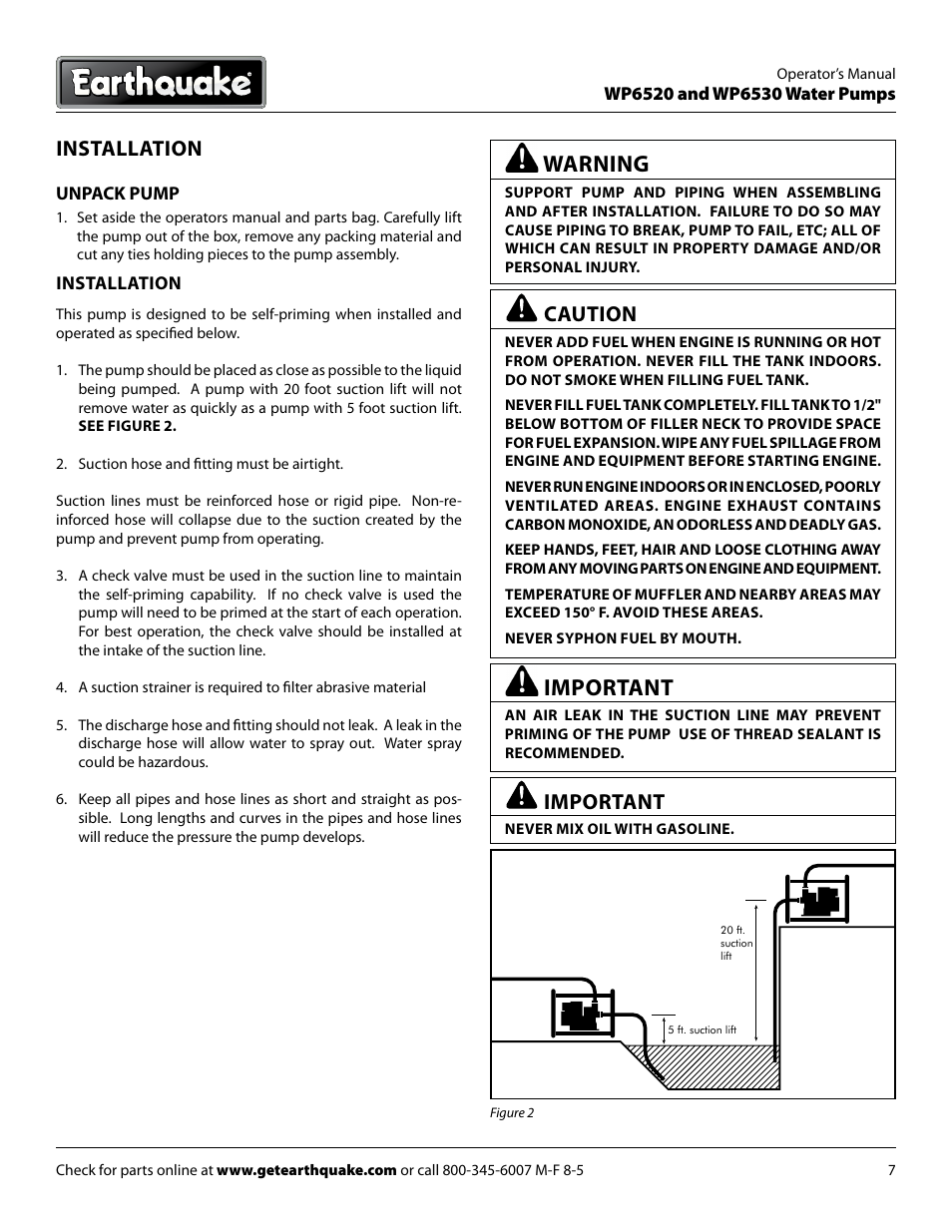 Important, Warning, Installation | Caution | EarthQuake WP6530 User Manual | Page 7 / 16