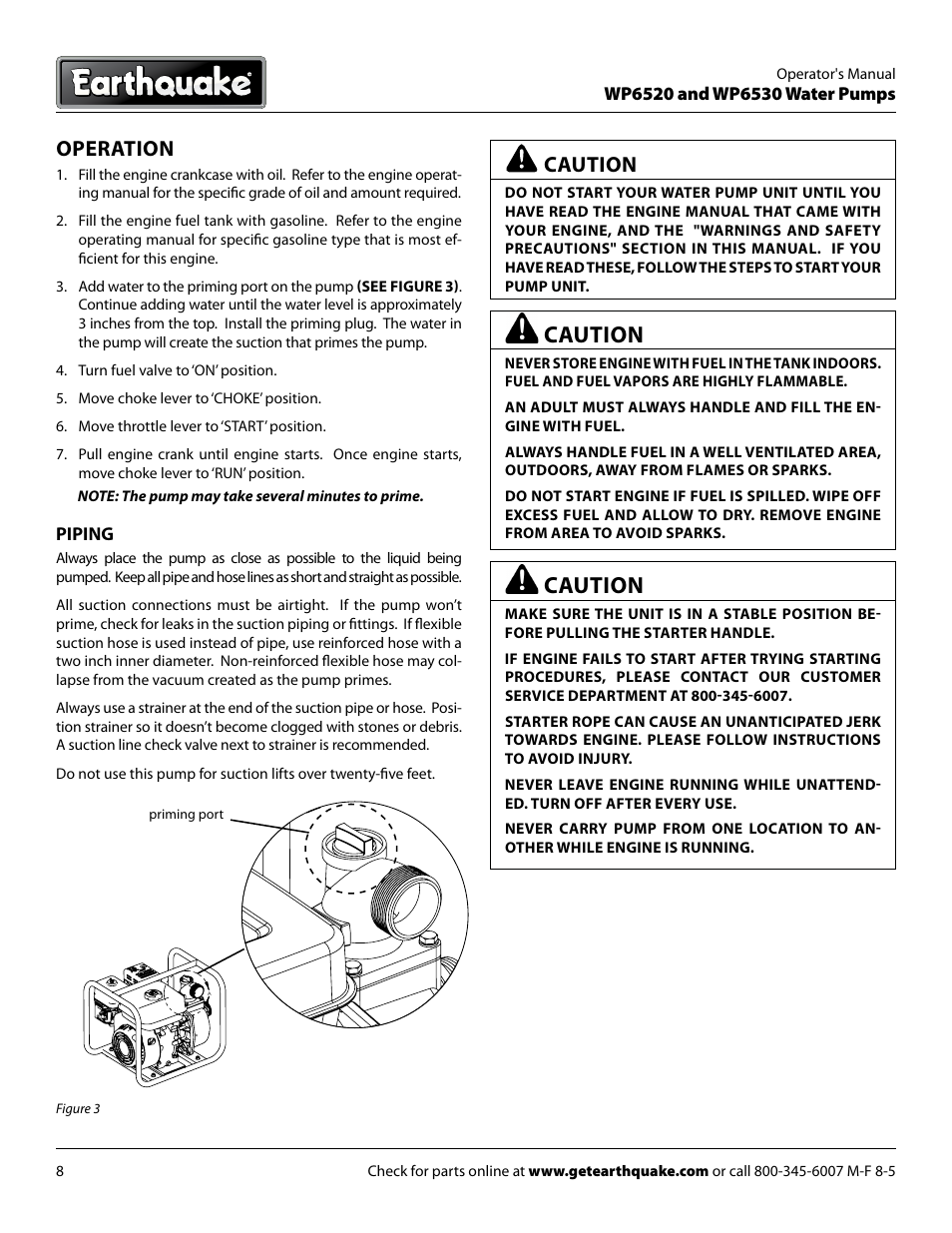Caution, Operation, Piping | Operator's manual, Figure 3, Priming port | EarthQuake WP6530 User Manual | Page 8 / 16