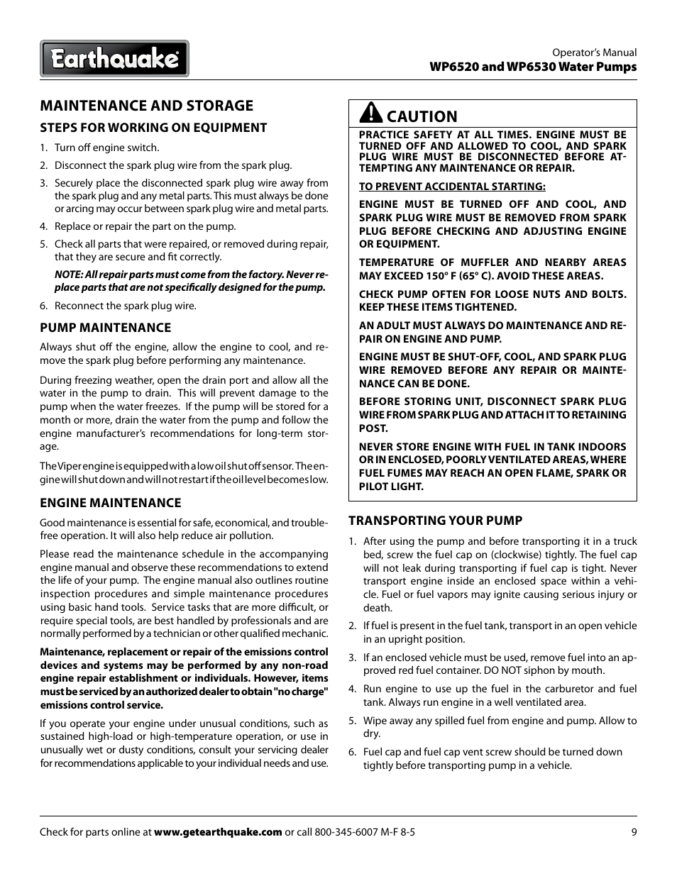Caution, Maintenance and storage | EarthQuake WP6530 User Manual | Page 9 / 16