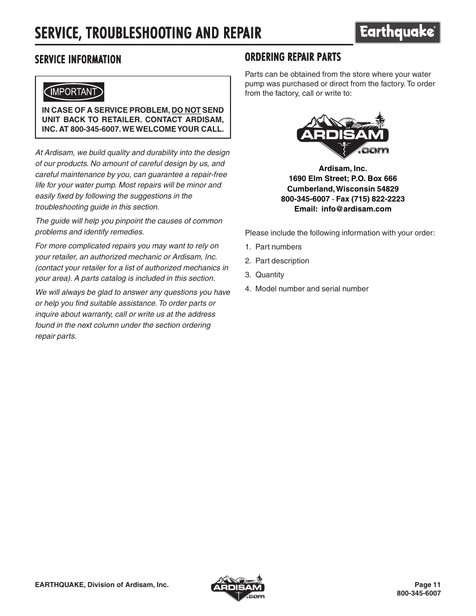 Service, Ardisam | EarthQuake WP4310 User Manual | Page 11 / 16