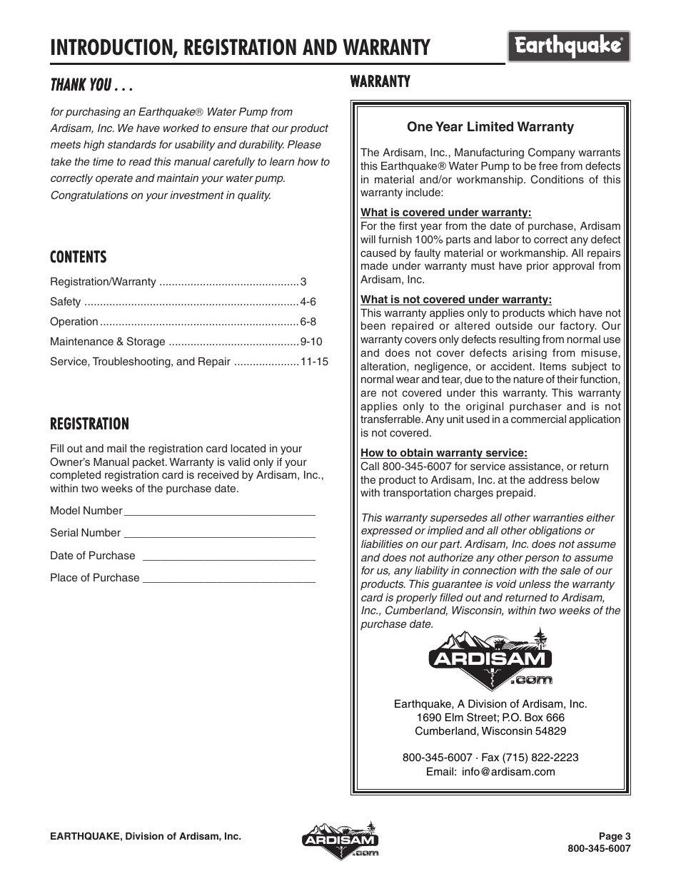 Introduction, registration and warranty, Ardisam | EarthQuake WP4310 User Manual | Page 3 / 16