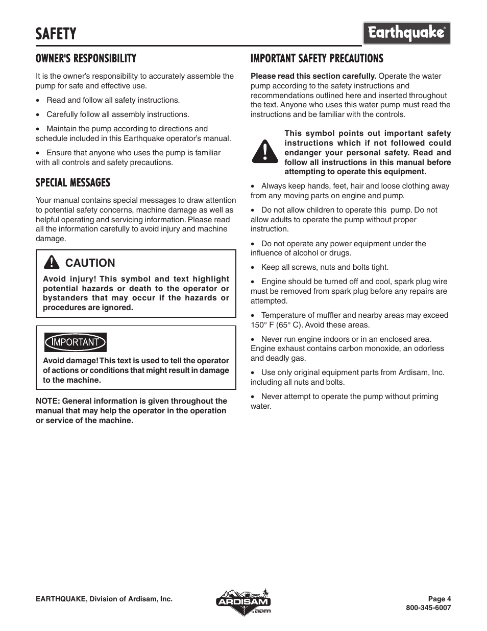 Safety, Owner's responsibility, Special messages | Caution, Import | EarthQuake WP4310 User Manual | Page 4 / 16