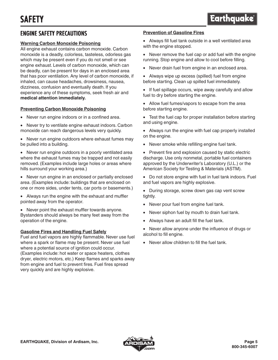 Safety, Engine safety precautions | EarthQuake WP4310 User Manual | Page 5 / 16