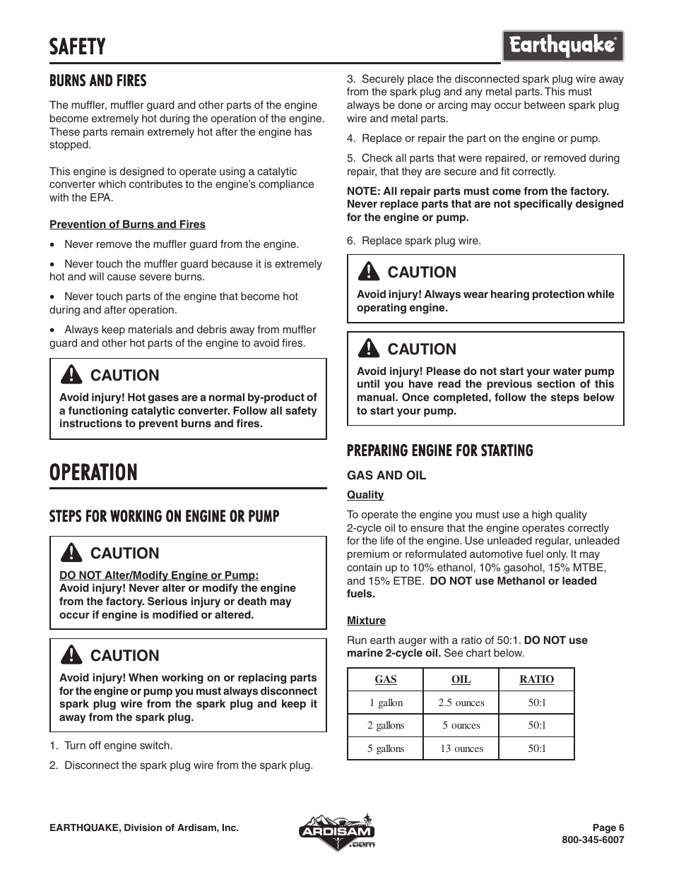 Safety, Opera, Opera operation tion tion tion tion | Burns and fires, Steps for working on engine or pump, Caution, Prep | EarthQuake WP4310 User Manual | Page 6 / 16