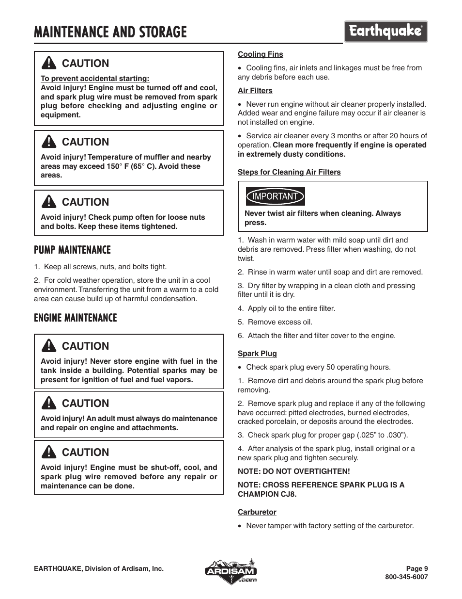 Maintenance and st | EarthQuake WP4310 User Manual | Page 9 / 16