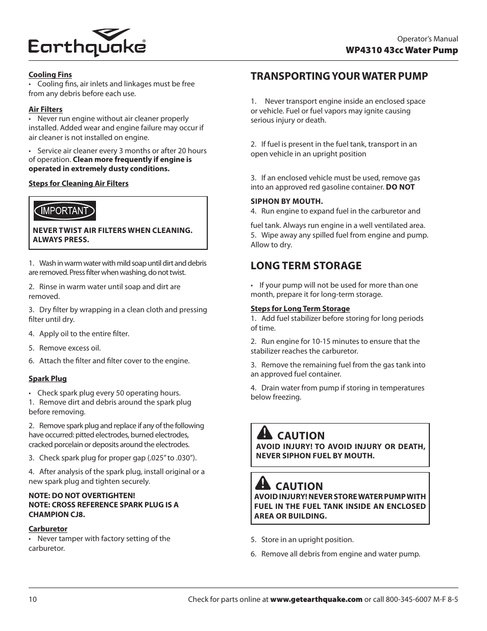 Long term storage, Transporting your water pump, Caution | EarthQuake WP4310 User Manual | Page 10 / 20