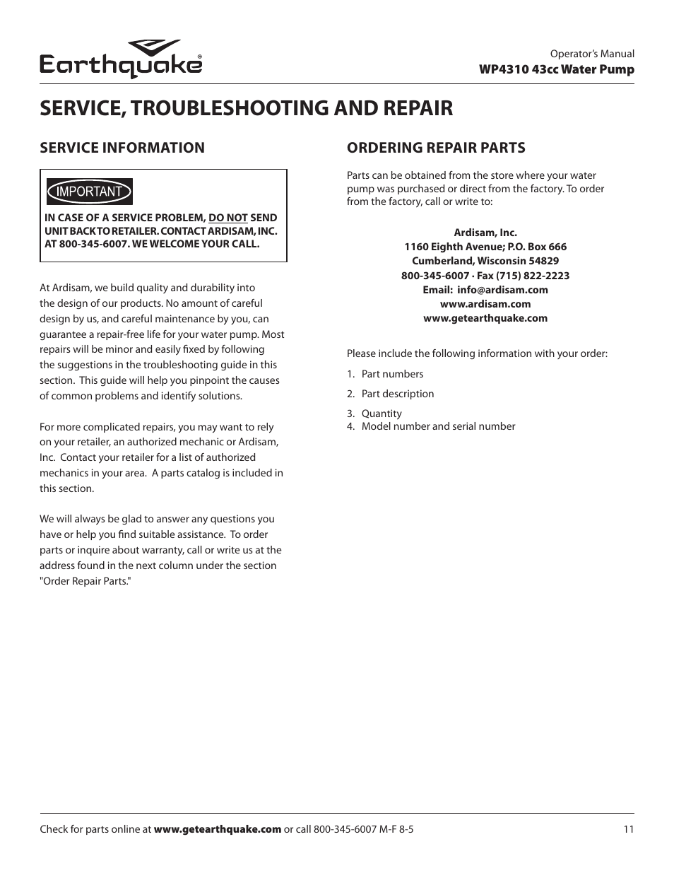 Service, troubleshooting and repair, Ordering repair parts, Service information | EarthQuake WP4310 User Manual | Page 11 / 20