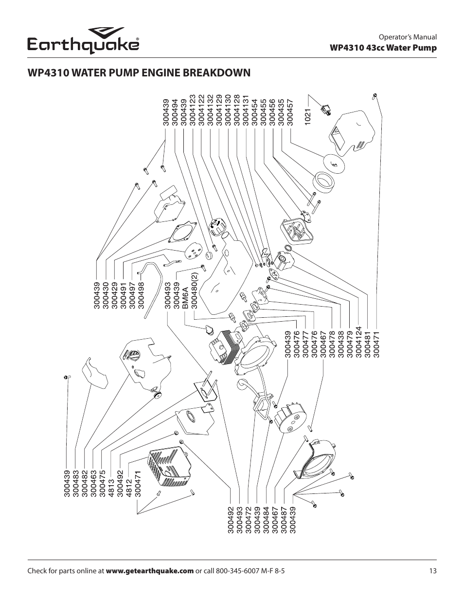 Wp4310 water pump engine breakdown | EarthQuake WP4310 User Manual | Page 13 / 20
