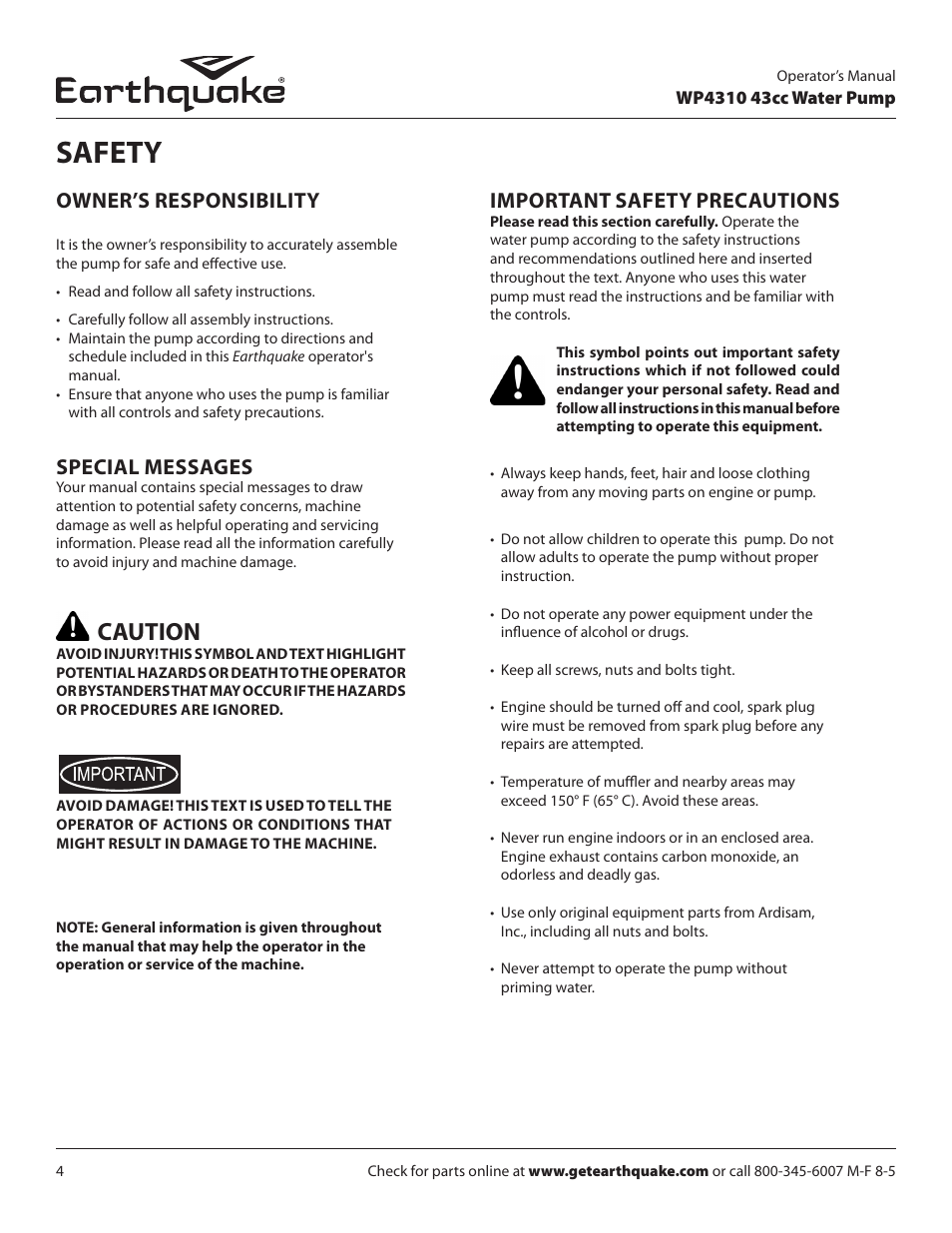 Safety, Caution, Owner’s responsibility | Special messages, Important safety precautions | EarthQuake WP4310 User Manual | Page 4 / 20
