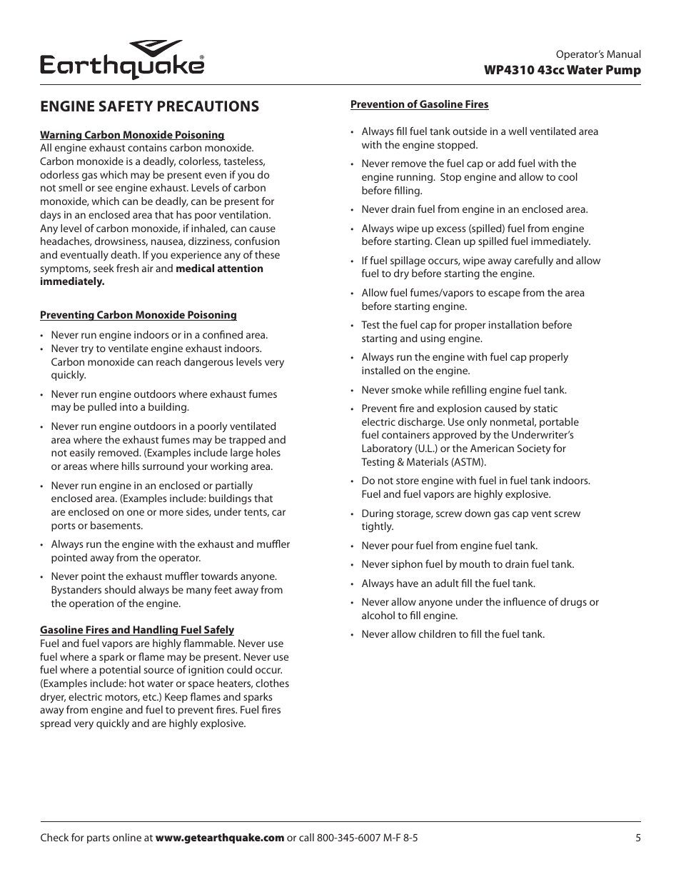 Engine safety precautions | EarthQuake WP4310 User Manual | Page 5 / 20