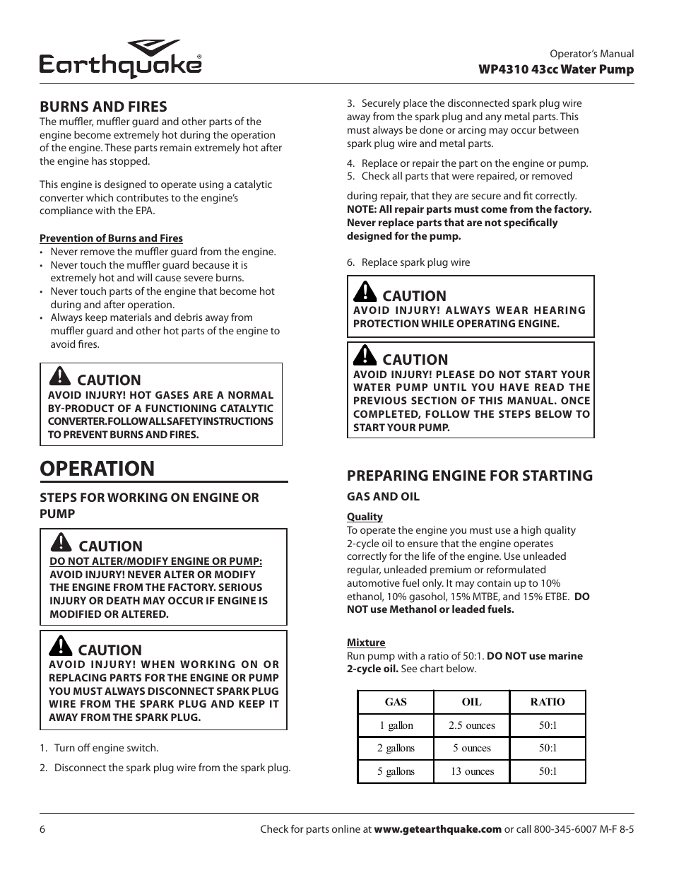 Operation, Burns and fires, Caution | Preparing engine for starting | EarthQuake WP4310 User Manual | Page 6 / 20