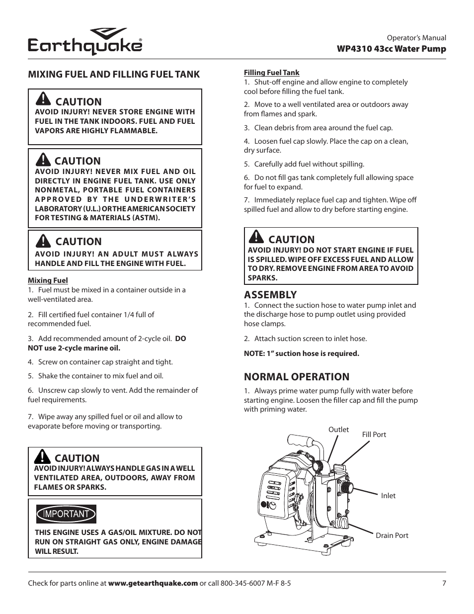 Caution, Assembly, Normal operation | Mixing fuel and filling fuel tank | EarthQuake WP4310 User Manual | Page 7 / 20