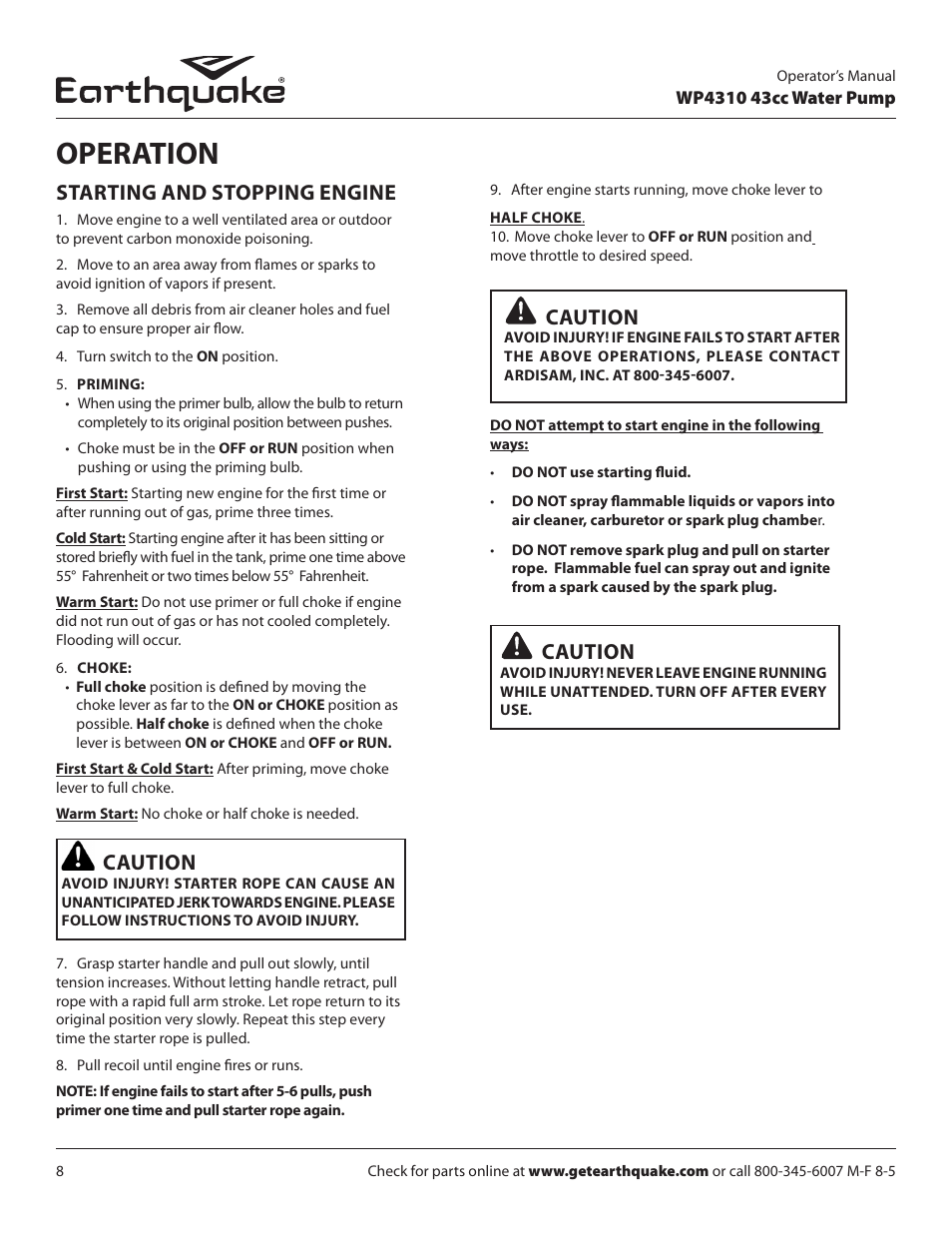 Operation, Starting and stopping engine, Caution | EarthQuake WP4310 User Manual | Page 8 / 20