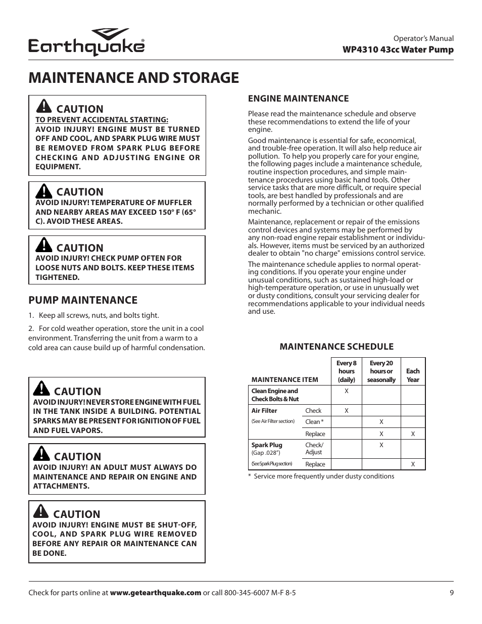 Maintenance and storage, Caution, Pump maintenance | EarthQuake WP4310 User Manual | Page 9 / 20